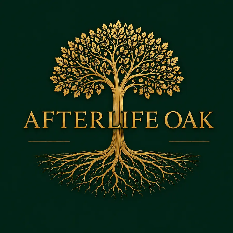 Afterlife Oak-logo med egetræ og rodnet